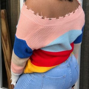 Loose fitting Multi Color Off The Shoulder Sweater